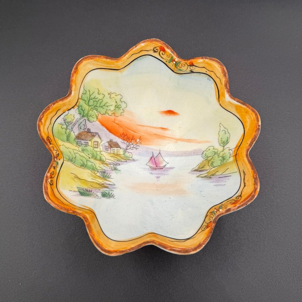 Hand Painted Antique Footed Nippon Bowl: Boats and Houses